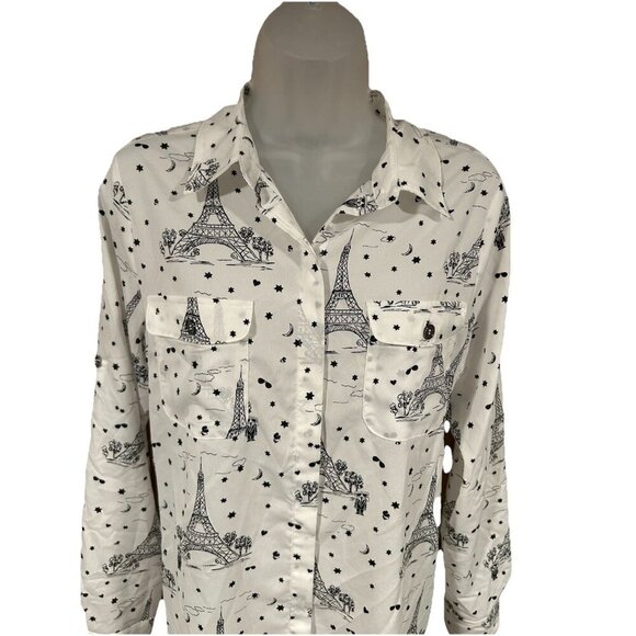 KARL LAGERFELD Paris Eiffel Tower Long Sleeve Button Front Blouse Women's Size S - Picture 4 of 10